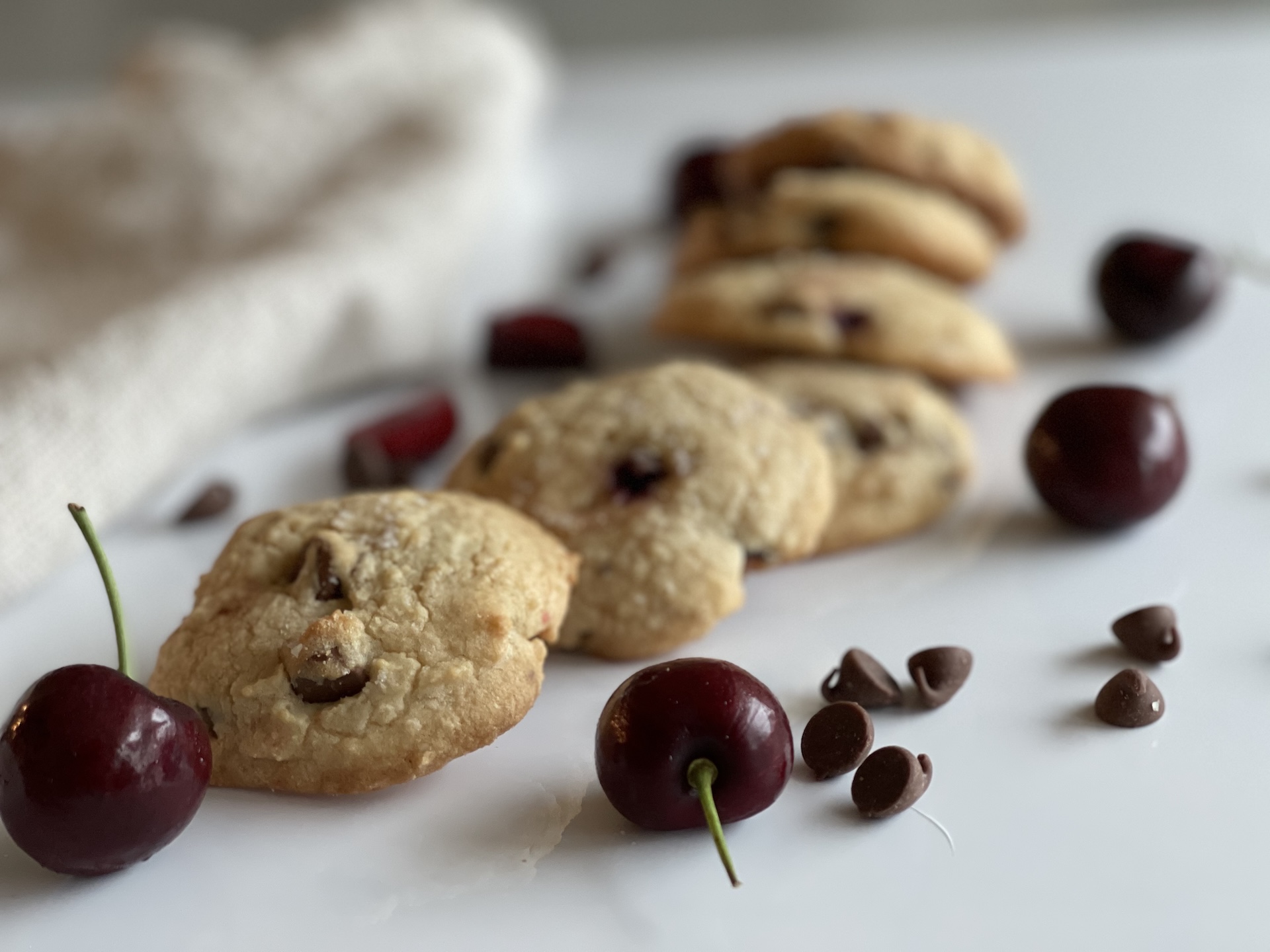 Cherry chocolate chip cookies with shallow depth of field